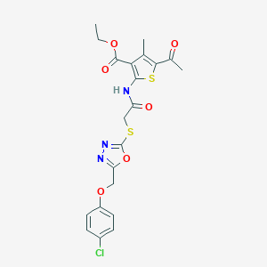molecular formula C21H20ClN3O6S2 B409561 Ethyl 5-acetyl-2-[[2-[[5-[(4-chlorophenoxy)methyl]-1,3,4-oxadiazol-2-yl]sulfanyl]acetyl]amino]-4-methylthiophene-3-carboxylate 