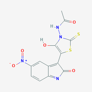 molecular formula C13H8N4O5S2 B409621 N-(5-{5-nitro-2-oxo-1,2-dihydro-3H-indol-3-ylidene}-4-oxo-2-thioxo-1,3-thiazolidin-3-yl)acetamide 