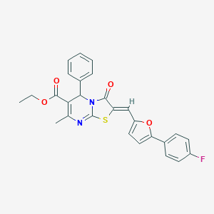 molecular formula C27H21FN2O4S B409668 ETHYL (2Z)-2-{[5-(4-FLUOROPHENYL)FURAN-2-YL]METHYLIDENE}-7-METHYL-3-OXO-5-PHENYL-2H,3H,5H-[1,3]THIAZOLO[3,2-A]PYRIMIDINE-6-CARBOXYLATE 