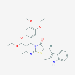 molecular formula C30H31N3O5S B409702 ETHYL (2Z)-5-(3,4-DIETHOXYPHENYL)-7-METHYL-2-[(2-METHYL-1H-INDOL-3-YL)METHYLIDENE]-3-OXO-2H,3H,5H-[1,3]THIAZOLO[3,2-A]PYRIMIDINE-6-CARBOXYLATE 