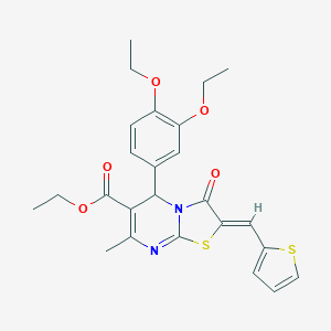 molecular formula C25H26N2O5S2 B409704 ETHYL (2Z)-5-(3,4-DIETHOXYPHENYL)-7-METHYL-3-OXO-2-[(THIOPHEN-2-YL)METHYLIDENE]-2H,3H,5H-[1,3]THIAZOLO[3,2-A]PYRIMIDINE-6-CARBOXYLATE 