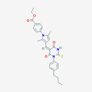 molecular formula C30H31N3O4S B409706 ethyl 4-{3-[(1-(4-butylphenyl)-4,6-dioxo-2-thioxotetrahydro-5(2H)-pyrimidinylidene)methyl]-2,5-dimethyl-1H-pyrrol-1-yl}benzoate 