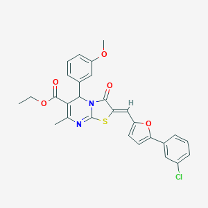molecular formula C28H23ClN2O5S B409736 ETHYL (2Z)-2-{[5-(3-CHLOROPHENYL)FURAN-2-YL]METHYLIDENE}-5-(3-METHOXYPHENYL)-7-METHYL-3-OXO-2H,3H,5H-[1,3]THIAZOLO[3,2-A]PYRIMIDINE-6-CARBOXYLATE 