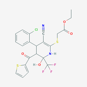 molecular formula C22H18ClF3N2O4S2 B409737 Ethyl {[4-(2-chlorophenyl)-3-cyano-6-hydroxy-5-(2-thienylcarbonyl)-6-(trifluoromethyl)-1,4,5,6-tetrahydro-2-pyridinyl]sulfanyl}acetate 