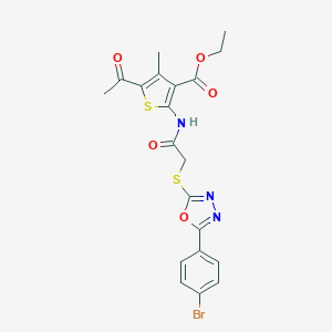 molecular formula C20H18BrN3O5S2 B409762 Ethyl 5-acetyl-2-[({[5-(4-bromophenyl)-1,3,4-oxadiazol-2-yl]sulfanyl}acetyl)amino]-4-methyl-3-thiophenecarboxylate 