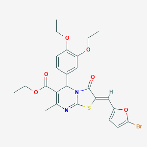 molecular formula C25H25BrN2O6S B409822 ETHYL (2Z)-2-[(5-BROMOFURAN-2-YL)METHYLIDENE]-5-(3,4-DIETHOXYPHENYL)-7-METHYL-3-OXO-2H,3H,5H-[1,3]THIAZOLO[3,2-A]PYRIMIDINE-6-CARBOXYLATE 
