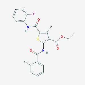 molecular formula C23H21FN2O4S B409824 Ethyl 5-[(2-fluoroanilino)carbonyl]-4-methyl-2-[(2-methylbenzoyl)amino]-3-thiophenecarboxylate CAS No. 6044-39-9