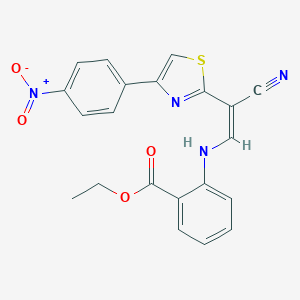 molecular formula C21H16N4O4S B409920 Ethyl 2-{[2-cyano-2-(4-{4-nitrophenyl}-1,3-thiazol-2-yl)vinyl]amino}benzoate 