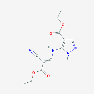 molecular formula C12H14N4O4 B040999 ethyl 5-[(2-cyano-3-ethoxy-3-oxoprop-1-enyl)amino]-1H-pyrazole-4-carboxylate CAS No. 321571-07-7