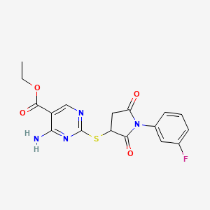 molecular formula C17H15FN4O4S B4099985 Ethyl 4-amino-2-{[1-(3-fluorophenyl)-2,5-dioxopyrrolidin-3-yl]sulfanyl}pyrimidine-5-carboxylate 