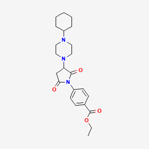 molecular formula C23H31N3O4 B4100297 Ethyl 4-[3-(4-cyclohexylpiperazin-1-yl)-2,5-dioxopyrrolidin-1-yl]benzoate 