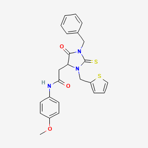 molecular formula C24H23N3O3S2 B4101701 2-[1-benzyl-5-oxo-3-(thiophen-2-ylmethyl)-2-thioxoimidazolidin-4-yl]-N-(4-methoxyphenyl)acetamide 