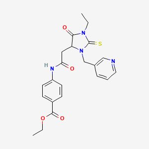 molecular formula C22H24N4O4S B4103807 Ethyl 4-({[1-ethyl-5-oxo-3-(pyridin-3-ylmethyl)-2-thioxoimidazolidin-4-yl]acetyl}amino)benzoate 