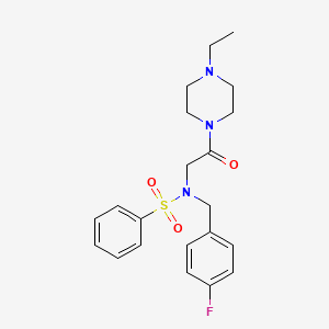 molecular formula C21H26FN3O3S B4104211 N-[2-(4-ethylpiperazin-1-yl)-2-oxoethyl]-N-[(4-fluorophenyl)methyl]benzenesulfonamide 