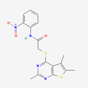 molecular formula C17H16N4O3S2 B4107212 N-(2-nitrophenyl)-2-(2,5,6-trimethylthieno[2,3-d]pyrimidin-4-yl)sulfanylacetamide 