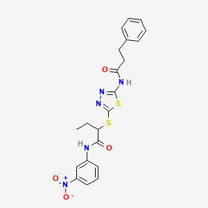 molecular formula C21H21N5O4S2 B4109487 N-(3-nitrophenyl)-2-({5-[(3-phenylpropanoyl)amino]-1,3,4-thiadiazol-2-yl}sulfanyl)butanamide 
