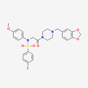 molecular formula C27H28FN3O6S B4115707 N-{2-[4-(1,3-benzodioxol-5-ylmethyl)piperazin-1-yl]-2-oxoethyl}-4-fluoro-N-(4-methoxyphenyl)benzenesulfonamide 