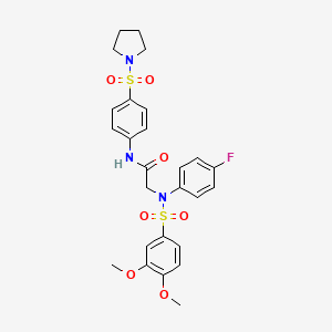 molecular formula C26H28FN3O7S2 B4121650 N~2~-[(3,4-dimethoxyphenyl)sulfonyl]-N~2~-(4-fluorophenyl)-N~1~-[4-(1-pyrrolidinylsulfonyl)phenyl]glycinamide 