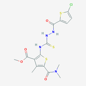 molecular formula C16H17ClN4O4S3 B4122387 Methyl 2-(2-(5-chlorothiophene-2-carbonyl)hydrazine-1-carbothioamido)-5-(dimethylcarbamoyl)-4-methylthiophene-3-carboxylate 