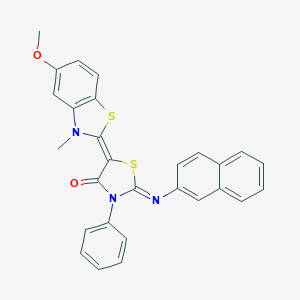 molecular formula C28H21N3O2S2 B412394 5-(5-methoxy-3-methyl-1,3-benzothiazol-2(3H)-ylidene)-2-(2-naphthylimino)-3-phenyl-1,3-thiazolidin-4-one 