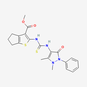 molecular formula C21H22N4O3S2 B4123992 methyl 2-({[(1,5-dimethyl-3-oxo-2-phenyl-2,3-dihydro-1H-pyrazol-4-yl)amino]carbonothioyl}amino)-5,6-dihydro-4H-cyclopenta[b]thiophene-3-carboxylate 