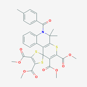 molecular formula C32H29NO9S3 B412800 TETRAMETHYL 5',5'-DIMETHYL-6'-(4-METHYLBENZOYL)-5',6'-DIHYDROSPIRO[1,3-DITHIOLE-2,1'-THIOPYRANO[2,3-C]QUINOLINE]-2',3',4,5-TETRACARBOXYLATE 
