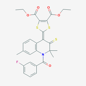 molecular formula C28H26FNO5S3 B412811 diethyl 2-(1-(3-fluorobenzoyl)-2,2,7-trimethyl-3-thioxo-2,3-dihydro-4(1H)-quinolinylidene)-1,3-dithiole-4,5-dicarboxylate 