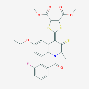 molecular formula C27H24FNO6S3 B412813 DIMETHYL 2-[6-ETHOXY-1-(3-FLUOROBENZOYL)-2,2-DIMETHYL-3-THIOXO-2,3-DIHYDRO-4(1H)-QUINOLINYLIDEN]-1,3-DITHIOLE-4,5-DICARBOXYLATE 