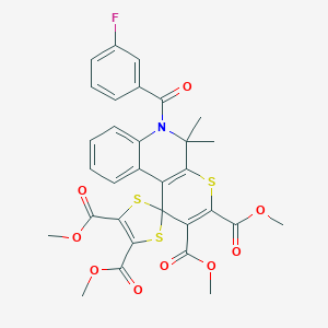 molecular formula C31H26FNO9S3 B412815 TETRAMETHYL 6'-(3-FLUOROBENZOYL)-5',5'-DIMETHYL-5',6'-DIHYDROSPIRO[1,3-DITHIOLE-2,1'-THIOPYRANO[2,3-C]QUINOLINE]-2',3',4,5-TETRACARBOXYLATE 