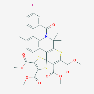 molecular formula C32H28FNO9S3 B412816 TETRAMETHYL 6'-(3-FLUOROBENZOYL)-5',5',8'-TRIMETHYL-5',6'-DIHYDROSPIRO[1,3-DITHIOLE-2,1'-THIOPYRANO[2,3-C]QUINOLINE]-2',3',4,5-TETRACARBOXYLATE 
