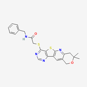 molecular formula C23H22N4O2S2 B4132810 N-benzyl-2-[(5,5-dimethyl-6-oxa-17-thia-2,12,14-triazatetracyclo[8.7.0.03,8.011,16]heptadeca-1,3(8),9,11,13,15-hexaen-15-yl)sulfanyl]acetamide 