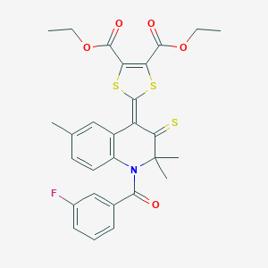 molecular formula C28H26FNO5S3 B413305 DIETHYL 2-[1-(3-FLUOROBENZOYL)-2,2,6-TRIMETHYL-3-THIOXO-2,3-DIHYDRO-4(1H)-QUINOLINYLIDEN]-1,3-DITHIOLE-4,5-DICARBOXYLATE 