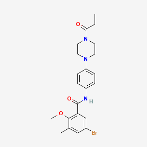 molecular formula C22H26BrN3O3 B4133348 5-bromo-2-methoxy-3-methyl-N-[4-(4-propanoylpiperazin-1-yl)phenyl]benzamide 