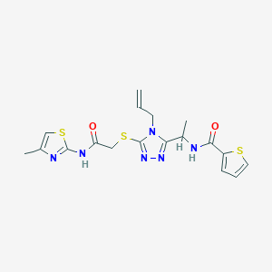 molecular formula C18H20N6O2S3 B4133980 N-[1-[5-[2-[(4-methyl-1,3-thiazol-2-yl)amino]-2-oxoethyl]sulfanyl-4-prop-2-enyl-1,2,4-triazol-3-yl]ethyl]thiophene-2-carboxamide 