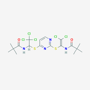 molecular formula C18H23Cl5N4O2S2 B413415 N-(2,2-dichloro-1-{[4-({2,2,2-trichloro-1-[(2,2-dimethylpropanoyl)amino]ethyl}sulfanyl)-2-pyrimidinyl]sulfanyl}vinyl)-2,2-dimethylpropanamide 