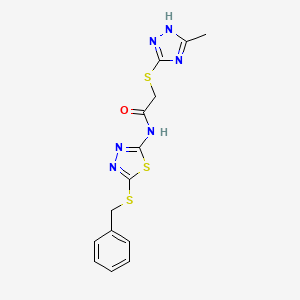 molecular formula C14H14N6OS3 B4135575 N~1~-[5-(BENZYLSULFANYL)-1,3,4-THIADIAZOL-2-YL]-2-[(5-METHYL-4H-1,2,4-TRIAZOL-3-YL)SULFANYL]ACETAMIDE 