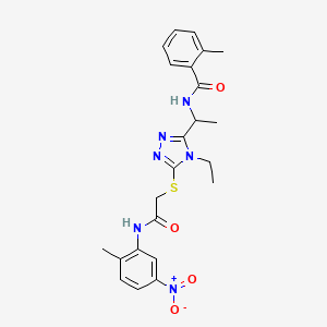 molecular formula C23H26N6O4S B4136612 N-[1-[4-ethyl-5-[2-(2-methyl-5-nitroanilino)-2-oxoethyl]sulfanyl-1,2,4-triazol-3-yl]ethyl]-2-methylbenzamide 