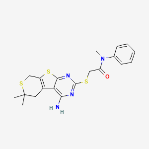 molecular formula C20H22N4OS3 B4137532 2-[(3-amino-12,12-dimethyl-8,11-dithia-4,6-diazatricyclo[7.4.0.02,7]trideca-1(9),2,4,6-tetraen-5-yl)sulfanyl]-N-methyl-N-phenylacetamide 