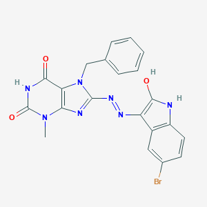 molecular formula C21H16BrN7O3 B413956 7-benzyl-8-[2-(5-bromo-2-oxo-1,2-dihydro-3H-indol-3-ylidene)hydrazino]-3-methyl-3,7-dihydro-1H-purine-2,6-dione 