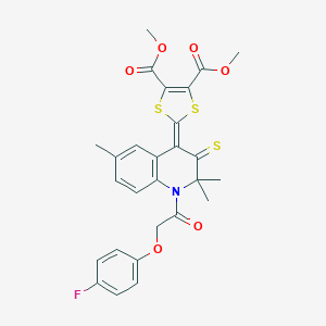 molecular formula C27H24FNO6S3 B414211 DIMETHYL 2-[1-[2-(4-FLUOROPHENOXY)ACETYL]-2,2,6-TRIMETHYL-3-THIOXO-2,3-DIHYDRO-4(1H)-QUINOLINYLIDEN]-1,3-DITHIOLE-4,5-DICARBOXYLATE 