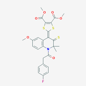 molecular formula C27H24FNO6S3 B414254 DIMETHYL 2-[1-[2-(4-FLUOROPHENYL)ACETYL]-6-METHOXY-2,2-DIMETHYL-3-THIOXO-2,3-DIHYDRO-4(1H)-QUINOLINYLIDEN]-1,3-DITHIOLE-4,5-DICARBOXYLATE 