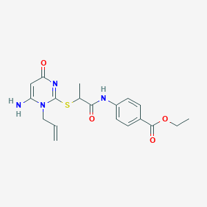molecular formula C19H22N4O4S B4143129 Ethyl 4-[(2-{[6-amino-4-oxo-1-(prop-2-en-1-yl)-1,4-dihydropyrimidin-2-yl]sulfanyl}propanoyl)amino]benzoate 