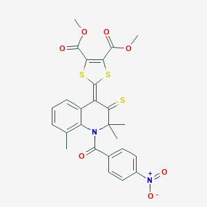 molecular formula C26H22N2O7S3 B414599 DIMETHYL 2-[2,2,8-TRIMETHYL-1-(4-NITROBENZOYL)-3-THIOXO-2,3-DIHYDRO-4(1H)-QUINOLINYLIDEN]-1,3-DITHIOLE-4,5-DICARBOXYLATE 