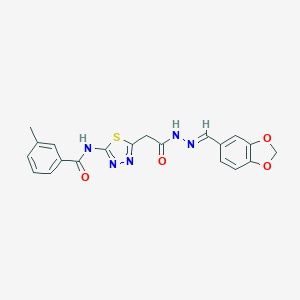 molecular formula C20H17N5O4S B414743 N-(5-{2-[2-(1,3-benzodioxol-5-ylmethylene)hydrazino]-2-oxoethyl}-1,3,4-thiadiazol-2-yl)-3-methylbenzamide 