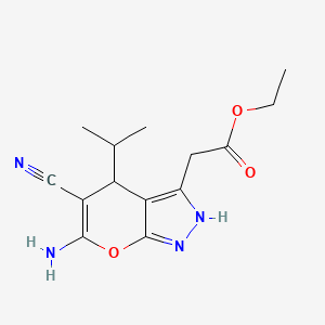 molecular formula C14H18N4O3 B4147782 ethyl (6-amino-5-cyano-4-isopropyl-2,4-dihydropyrano[2,3-c]pyrazol-3-yl)acetate 