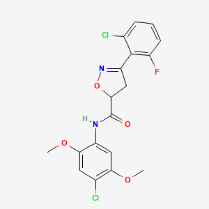 molecular formula C18H15Cl2FN2O4 B4148644 N-(4-chloro-2,5-dimethoxyphenyl)-3-(2-chloro-6-fluorophenyl)-4,5-dihydro-5-isoxazolecarboxamide 