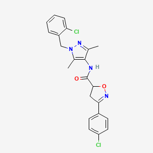molecular formula C22H20Cl2N4O2 B4148799 N-[1-(2-chlorobenzyl)-3,5-dimethyl-1H-pyrazol-4-yl]-3-(4-chlorophenyl)-4,5-dihydro-1,2-oxazole-5-carboxamide 