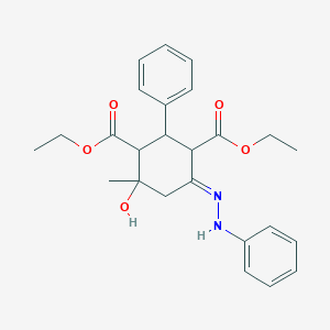 molecular formula C25H30N2O5 B414936 Diethyl 4-hydroxy-4-methyl-2-phenyl-6-(phenylhydrazono)-1,3-cyclohexanedicarboxylate 