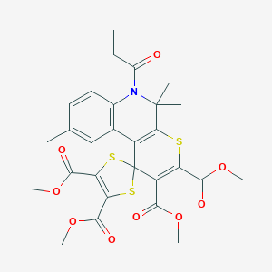 molecular formula C28H29NO9S3 B414966 2',3',4,5-TETRAMETHYL 5',5',9'-TRIMETHYL-6'-PROPANOYL-5',6'-DIHYDROSPIRO[1,3-DITHIOLE-2,1'-THIOPYRANO[2,3-C]QUINOLINE]-2',3',4,5-TETRACARBOXYLATE 