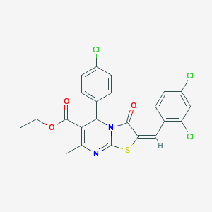 molecular formula C23H17Cl3N2O3S B415400 ethyl (2E)-5-(4-chlorophenyl)-2-[(2,4-dichlorophenyl)methylidene]-7-methyl-3-oxo-5H-[1,3]thiazolo[3,2-a]pyrimidine-6-carboxylate CAS No. 324070-74-8